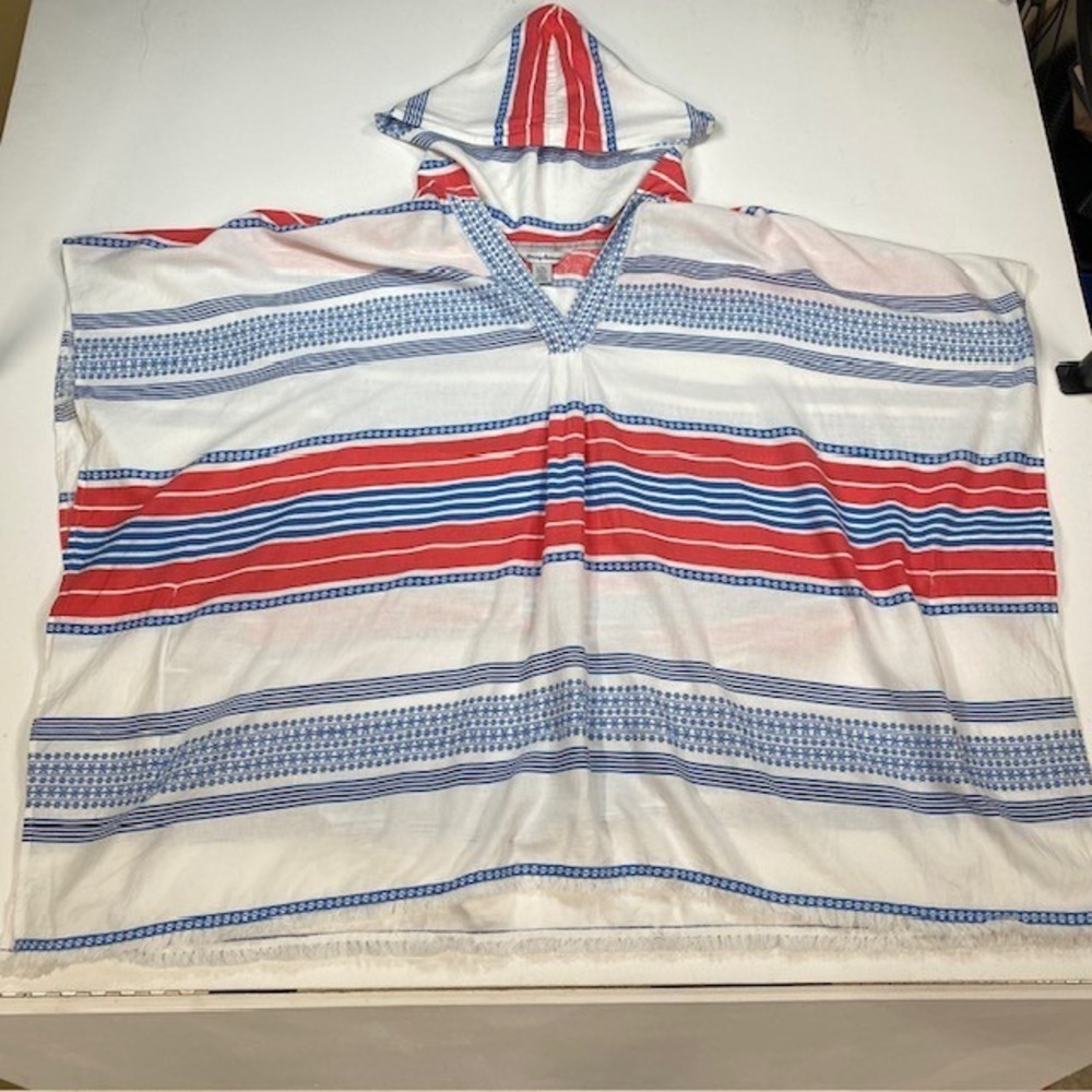 Tommy Bahama Womens L/XL Red White Blue Striped Hooded Poncho Fringe Cover Up